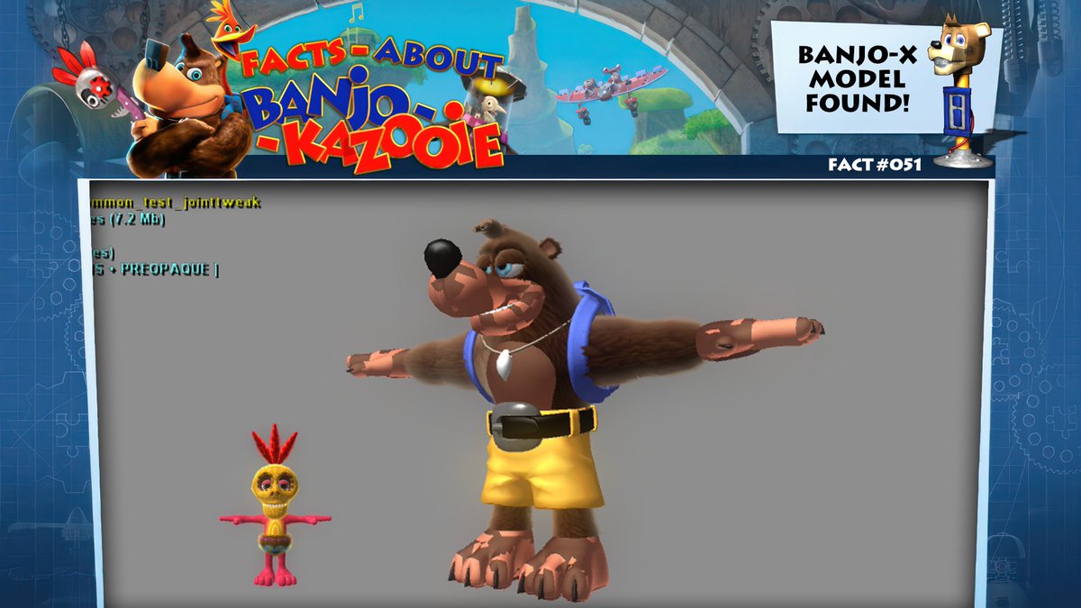 A completed version of Banjo's and Mumbo's model from Banjo-X can be found in "aid_model_common_test_jointtweak" and "aid_model_pinata_actor_helper_mumbo_default" of the October 13, 2006 version of Viva Pinata. #BanjoKazooie

Source: OllieGamerTv / hiddenpalace.org/Viva_Pi%C3%B1a…