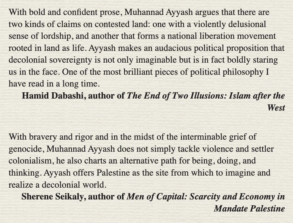 AyyashMohannad's tweet image. My book, Lordship and Liberation in Palestine-Israel: The Promise of Decolonial Sovereignties is now available for pre-order.
I am grateful and honored to have Hamid Dabashi's and Sherene Seikaly's endorsements.
The book is out July 22, 2025.
cup.columbia.edu/book/lordship-…