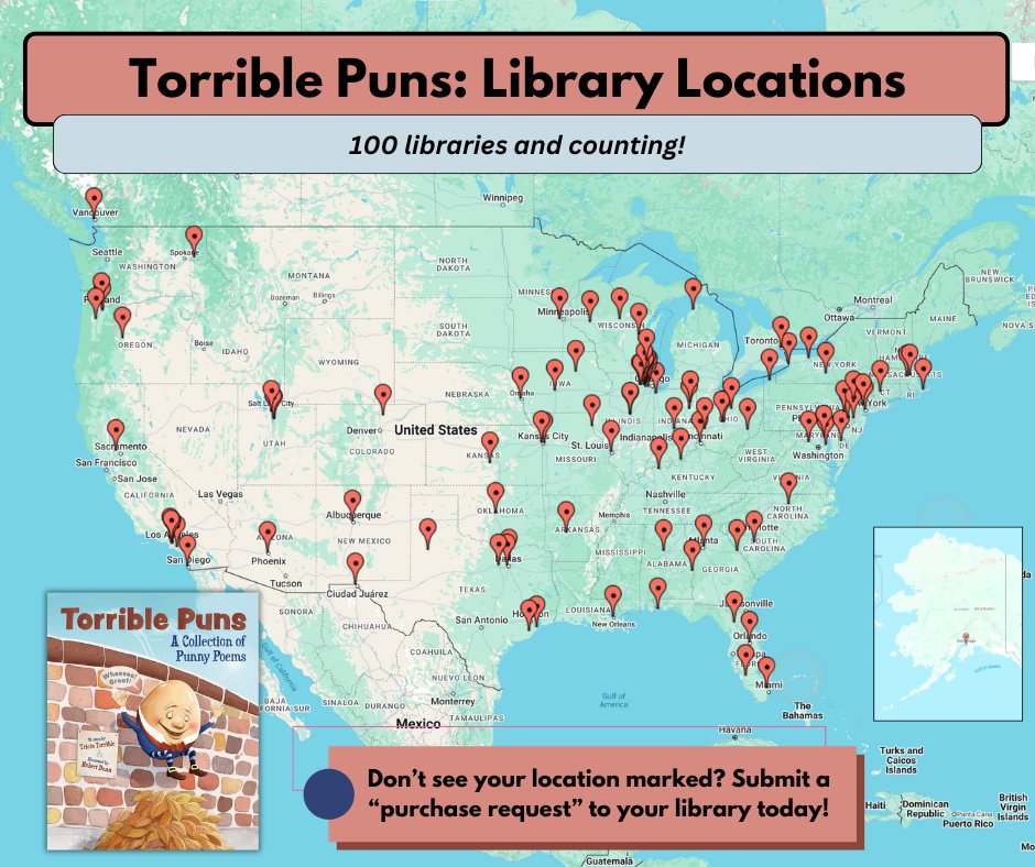 100 Libraries!!! Woohoo!!! TORRIBLE PUNS is spreading its wings!

#poetryforkids #childrenspoetry #picturebook #nationalpoetrymonth #kidlit #librarians #puns