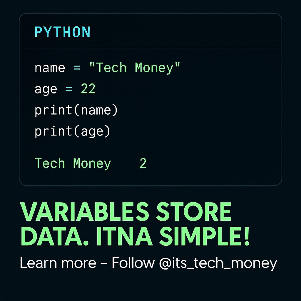 Arms_909's tweet image. 📦 Python Variables – Itna Simple Kyun Hai
Bas naam likho, value do – aur kaam ho gaya
Ye programming ka basic magic hai
Agar tum bhi tech master banna chahte ho, toh abhi follow karo!
COMMENT NEXT
Follow for more quick tech
#PythonIn60Sec #LearnPython #PythonVariables
#Code