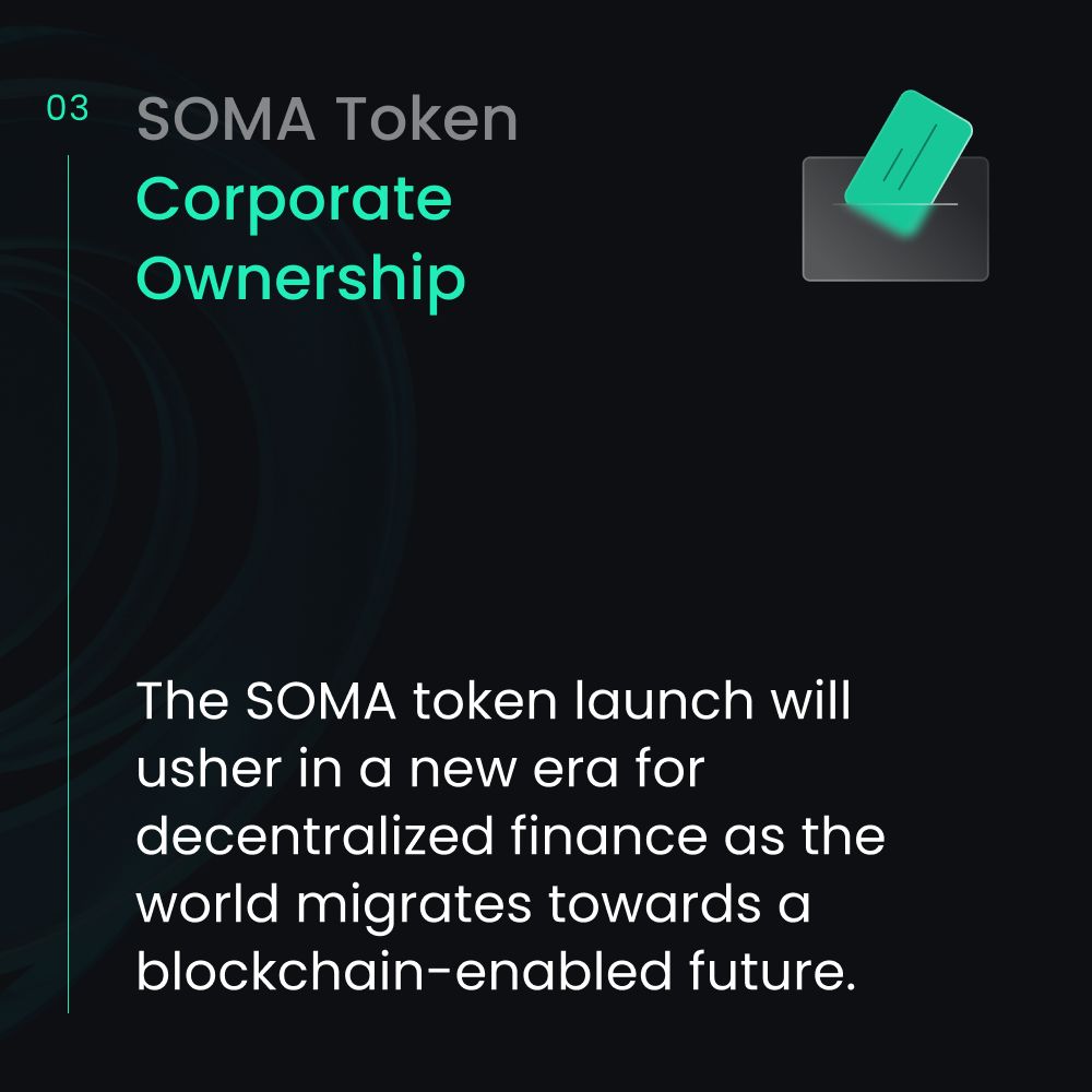 7️⃣ days to go until the $SOMA token launches and one main 🗝️ difference you'll find apart from other digital assets is that $SOMA 🌙  actually represents Corporate Ownership and is what is bringing the two worlds of #DeFi and #TradFi together!