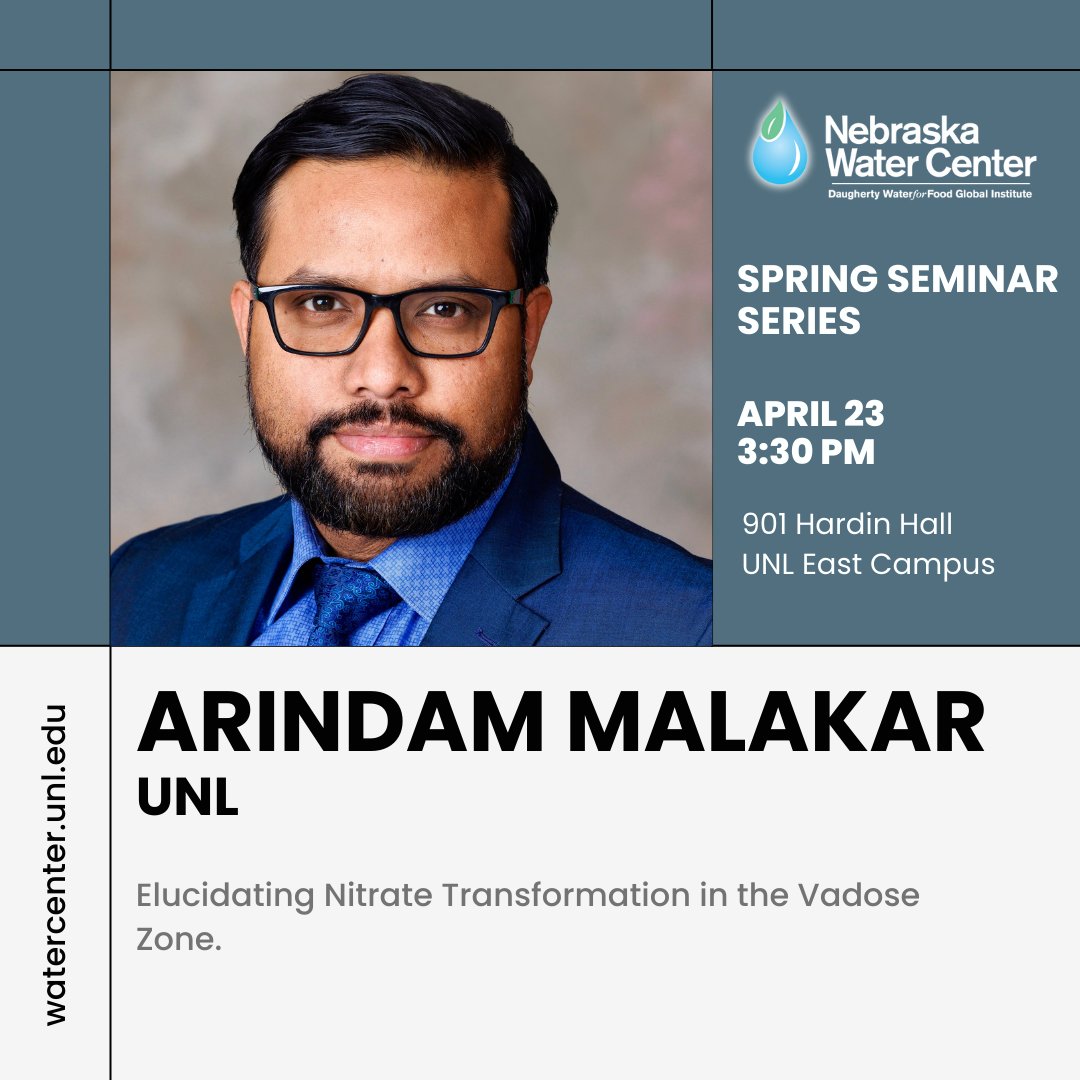 Nebr. Water Center (@nebrwatercenter) on Twitter photo Today is the final seminar in our Spring Seminar Series! Join us this afternoon to hear <a href="/arimalakar/">Dr. Arindam Malakar, Ph. D.</a> discuss nitrate transformation in the vadose zone.
🗓️April 23, 3:30 - 4:30 p.m.
📍901 Hardin Hall, UNL East Campus Today is the final seminar in our Spring Seminar Series! Join us this afternoon to hear <a href="/arimalakar/">Dr. Arindam Malakar, Ph. D.</a> discuss nitrate transformation in the vadose zone.
🗓️April 23, 3:30 - 4:30 p.m.
📍901 Hardin Hall, UNL East Campus