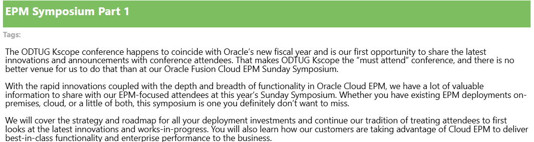 odtug's tweet photo. Have you seen the #orclEPM Sunday Symposium Preview??
"The ODTUG Kscope conference...is our first opportunity to share the latest innovations and announcements. That makes ODTUG Kscope the must-attend conference, especially the Oracle Fusion Cloud EPM Sunday Symposium." https://t.co/l2EIeW2GFO