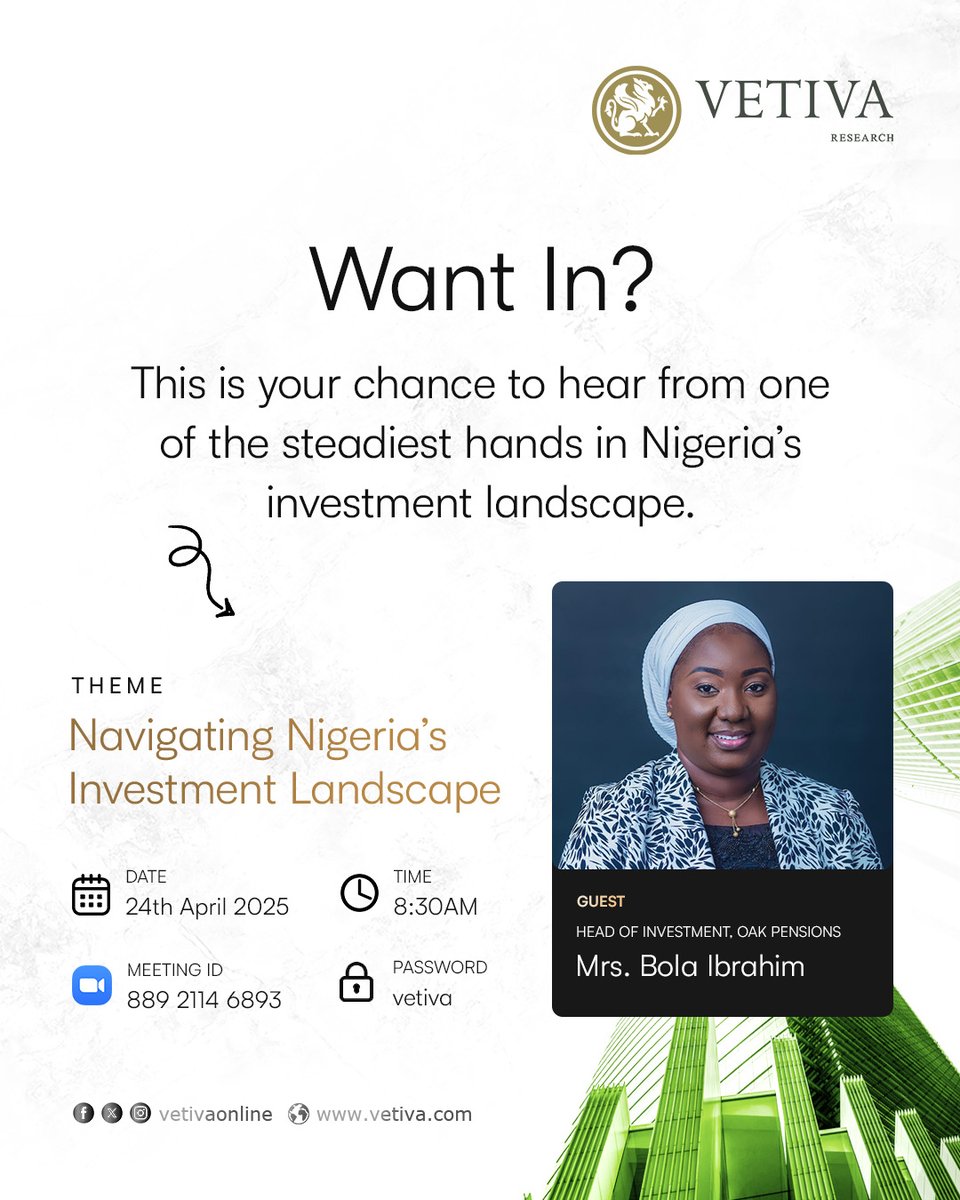 vetivaonline's tweet photo. What’s keeping Nigeria’s top CIOs up at night?

Join the discussion on Thursday, 24th of April, 2025.
Use this link: https://t.co/m9usuPwim4

#InvestingInNigeria #CIOInsights #PrivateEquity #Vetiva #InvestmentOpportunities https://t.co/DHAD7UKWDd