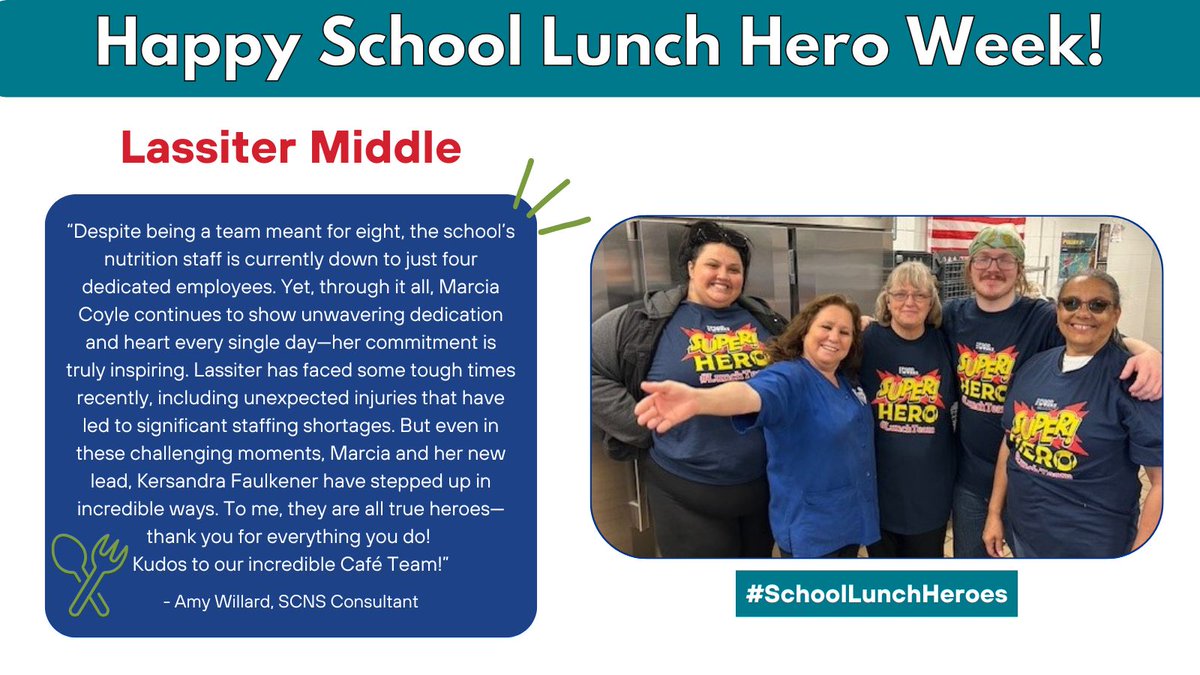 👩‍🍳 SCHOOL LUNCH HEROES 🦸‍♀️ | Happy School Lunch Hero Week to all of our dedicated nutrition services employees who keep our students fed! We're excited to highlight <a href="/jcpsschoolmeals/">JCPSschoolmeals</a> staff this week!

Today's 🌟: <a href="/Lassiter_Lions/">Lassiter</a>!  #WeAreJCPS