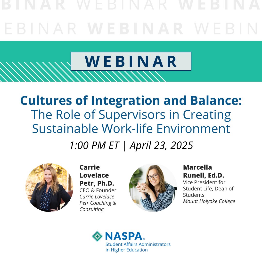 HAPPENING TODAY at 1:00 PM ET
💻 NASPA Webinar—Cultures of Integration and Balance: The Role of Supervisors in Creating Sustainable Work-life Environments
🔗 bit.ly/4lErn0N