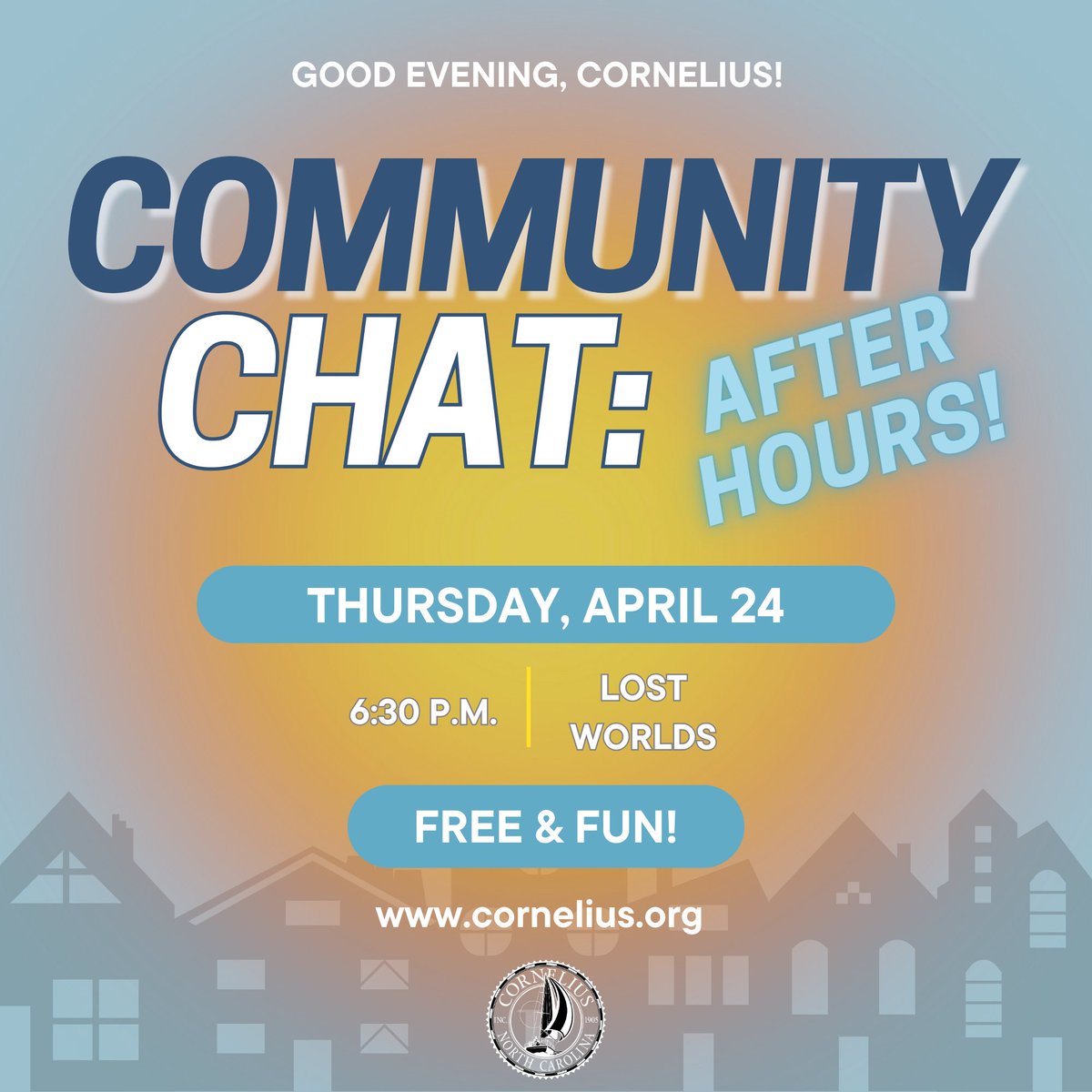 Town of Cornelius (@townofcornelius) on Twitter photo TOMORROW!! We hope to see you for "Community Chat: After Hours" for the chance to meet your elected officials!
๐: <a href="/lostworldsbeer/">Lost Worlds Beer</a>
๐
: April 24th
๐ก: 6:30 PM TOMORROW!! We hope to see you for "Community Chat: After Hours" for the chance to meet your elected officials!
๐: <a href="/lostworldsbeer/">Lost Worlds Beer</a>
๐
: April 24th
๐ก: 6:30 PM
