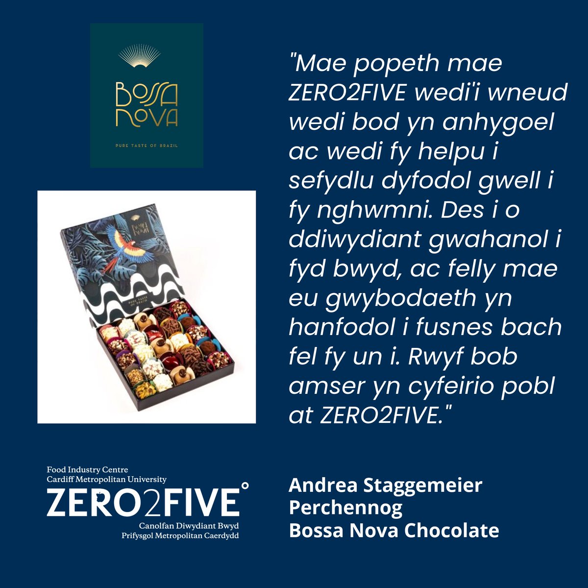 Darparodd ZERO2FIVE amrywiaeth o gymorth i Bossa Nova Chocolate gydag estyniad oes silff, effeithlonrwydd prosesau, y gallu i olrhain a HACCP pwrpasol.

Darllenwch ein hastudiaeth achos Bossa Nova lawn yma: zero2five.org.uk/cy/success-sto…