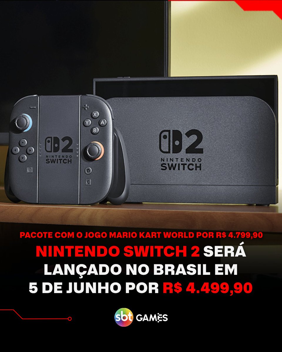 A Nintendo anunciou oficialmente que o Nintendo Switch 2 será lançado no Brasil no dia 5 de junho de 2025.  

Confira todos os valores: tinyurl.com/sbt282362