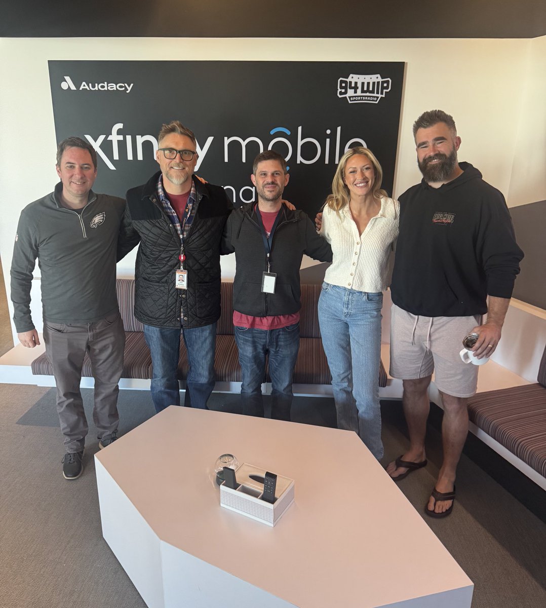 Great morning! ☀️ Had to snag a picture of the <a href="/WIPMorningShow/">WIP Morning Show</a> and Jason Kelce in the <a href="/Xfinity/">Xfinity</a> Mobile Lounge!