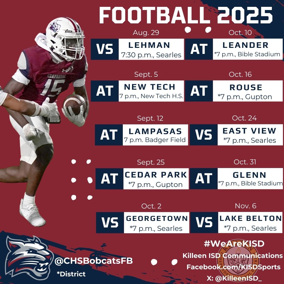 Chaparral scrimmages Aug. 15 at home against Austin Anderson and Aug. 21 at Manor. The Bobcats’ season opener is Aug. 29 and they are idle during Week 4. District 8-5-I starts Sept. 25. #WeAreKISD