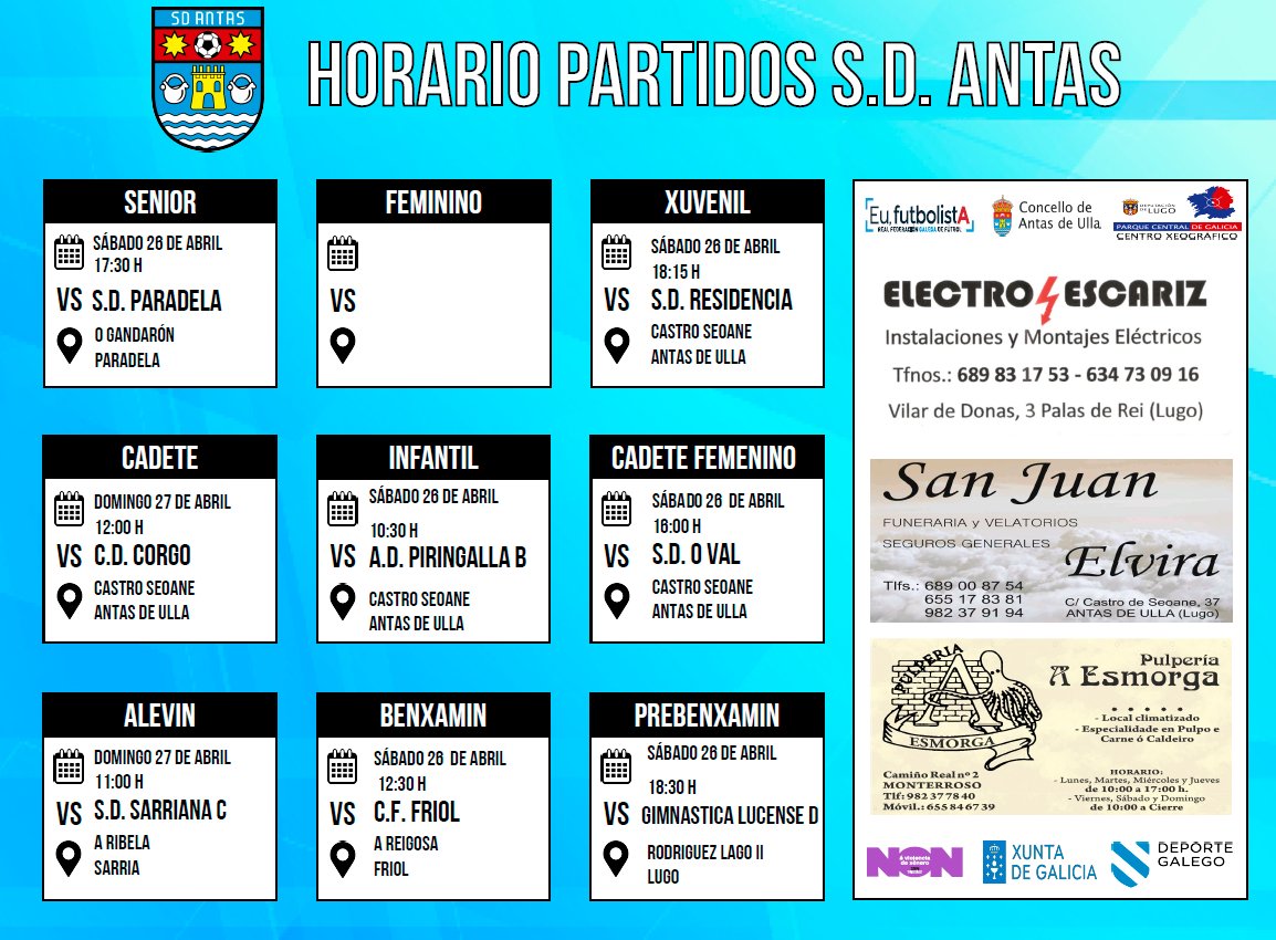 📅 Partidos 26 e 27 de Abril.

#OComezoDoutraHistoria
#DeputaciónDeLugo
#ParqueCentralDeGalicia
#AntasDeUllaCentroXeograficoDeGalicia

💙 #SDAntas 💙