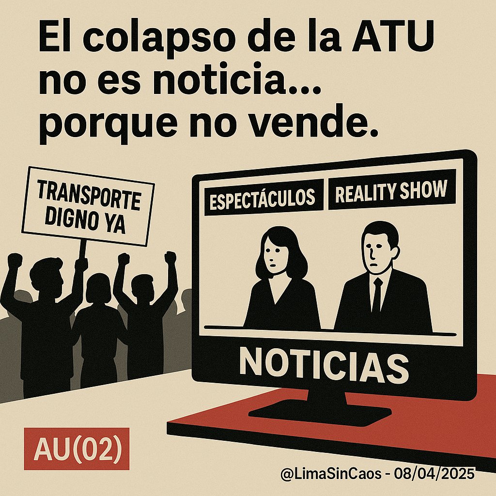 LimaSinCaos's tweet photo. ¡Silencio informativo!
Mientras ciudadanos y expertos denuncian el abandono del sistema de transporte, los grandes canales de TV siguen hablando de farándula.
¿Dónde están cuando se necesita presión mediática?
El colapso de la ATU no es noticia… porque no vende.

#FracasoATU https://t.co/eTU00cyy9j