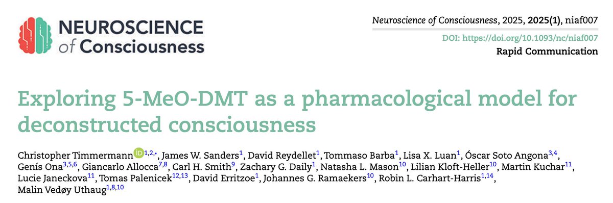 Chris Timmermann (@neurodelia) on Twitter photo Our new paper - the first peer-reviewed brain and phenomenological examination of 5-MeO-DMT is out in <a href="/NeuroConsc/">Neuroscience of Consciousness</a> .
TLDR: We tested whether ‘the mount Everest’ of psychedelics could induce a complete state of consciousness deconstruction while preserving awareness. 1/n Our new paper - the first peer-reviewed brain and phenomenological examination of 5-MeO-DMT is out in <a href="/NeuroConsc/">Neuroscience of Consciousness</a> .
TLDR: We tested whether ‘the mount Everest’ of psychedelics could induce a complete state of consciousness deconstruction while preserving awareness. 1/n