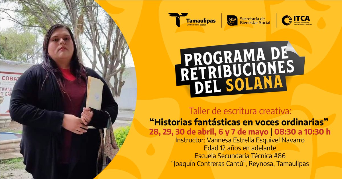 Alumnos de la Secundaria Técnica #86, ¡es momento de dejar volar su imaginación!
Participen en el taller de escritura creativa:
"Historias fantásticas en voces ordinarias", donde descubrirán el poder de sus palabras y la magia de la escritura con Vanessa Estrella Esquivel Navarro