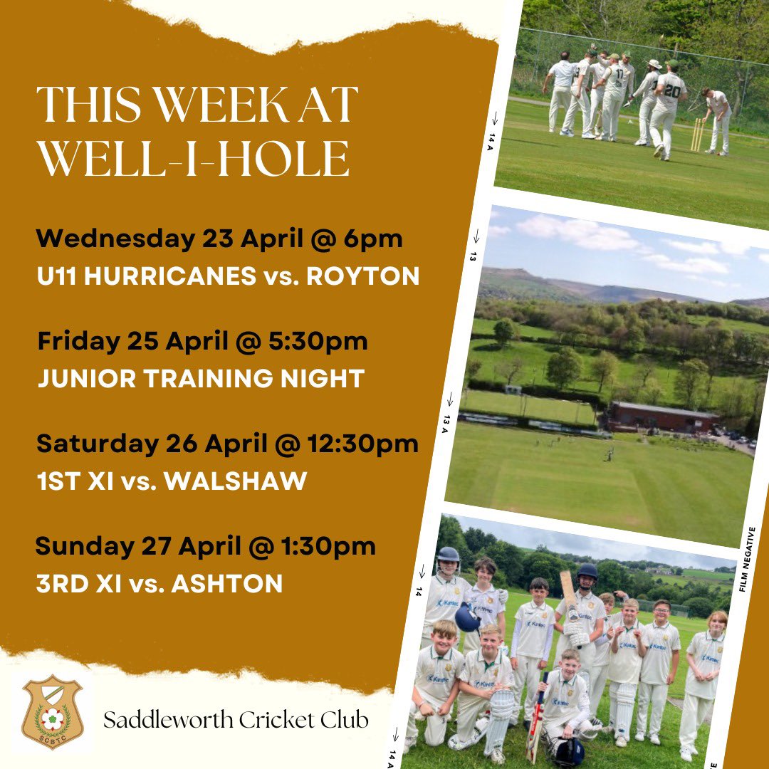 🏏 THIS WEEK AT WELL-I-HOLE 🏏 

As always they’ll be scenic views, great cricket, cold drinks &amp; delicious pies!

Join us down at Saddleworth Cricket Club for a brilliant week of cricket.
