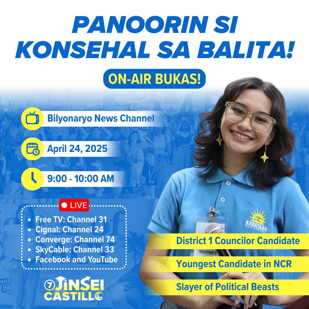 nasa TV ako bukas ^-^ 

last year I was featured sa news as a local skateboarder sa las piñas tas ngayon biglang kandidato na? HUH 😭

I hope everyone watches!!!

#7JinseiCastillo
#Makabayan2025
