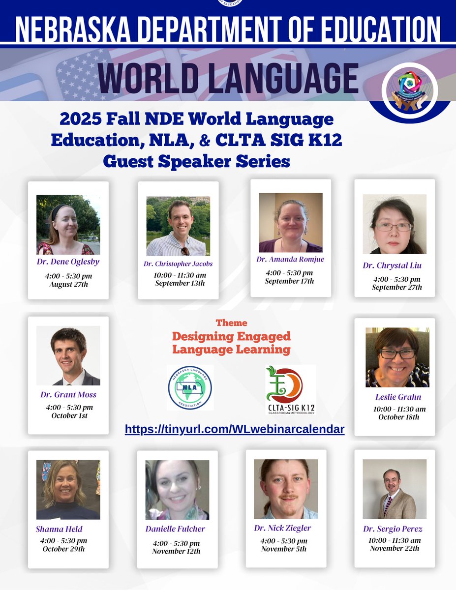 Chrystal Liu (@nde_worldlang) on Twitter photo 📢 Coming this fall: the 2025 NDE World Language, NLA, & CLTA SIG K12 Guest Speaker Series!
Theme: Designing Engaged Language Learning 🎯
🗓️ Preview the lineup: tinyurl.com/WLwebinarcalen… <a href="/Guanlaoshihao/">Guan Chunmei</a> <a href="/ESUCC/">ESUCC</a> <a href="/NDE_News/">NDE NEWS</a> <a href="/LPSorg/">Lincoln Public Schools</a> <a href="/UNKearney/">University of Nebraska at Kearney</a> <a href="/OmahaPubSchool/">Omaha Public Schools</a> <a href="/SenorZiegler/">Nick Ziegler</a> <a href="/grahnforlang/">Leslie Grahn</a> 📢 Coming this fall: the 2025 NDE World Language, NLA, & CLTA SIG K12 Guest Speaker Series!
Theme: Designing Engaged Language Learning 🎯
🗓️ Preview the lineup: tinyurl.com/WLwebinarcalen… <a href="/Guanlaoshihao/">Guan Chunmei</a> <a href="/ESUCC/">ESUCC</a> <a href="/NDE_News/">NDE NEWS</a> <a href="/LPSorg/">Lincoln Public Schools</a> <a href="/UNKearney/">University of Nebraska at Kearney</a> <a href="/OmahaPubSchool/">Omaha Public Schools</a> <a href="/SenorZiegler/">Nick Ziegler</a> <a href="/grahnforlang/">Leslie Grahn</a>