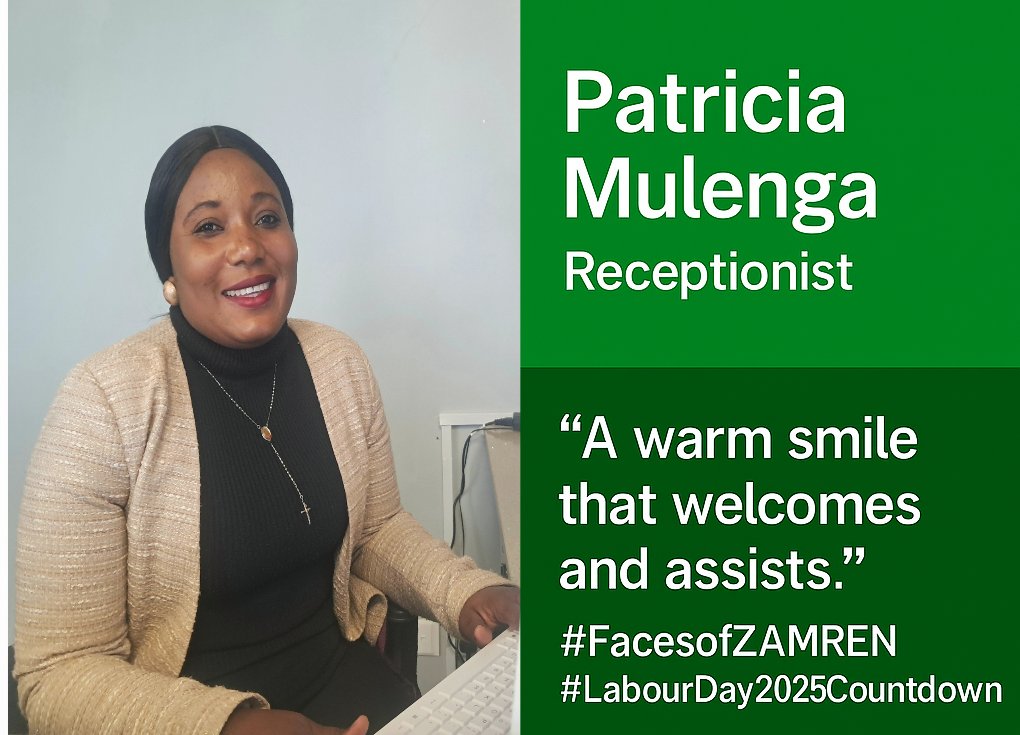 ZambiaRen's tweet image. Patricia smiles you in. Abeauty keeps you online.
Two names. One mission: Connecting Zambia.

We’re proud to spotlight our dedicated team in the #FacesofZAMREN series, as we count down to May 1st, 2025.

#LabourDay2025CountDown
#WorkforceAppreciation