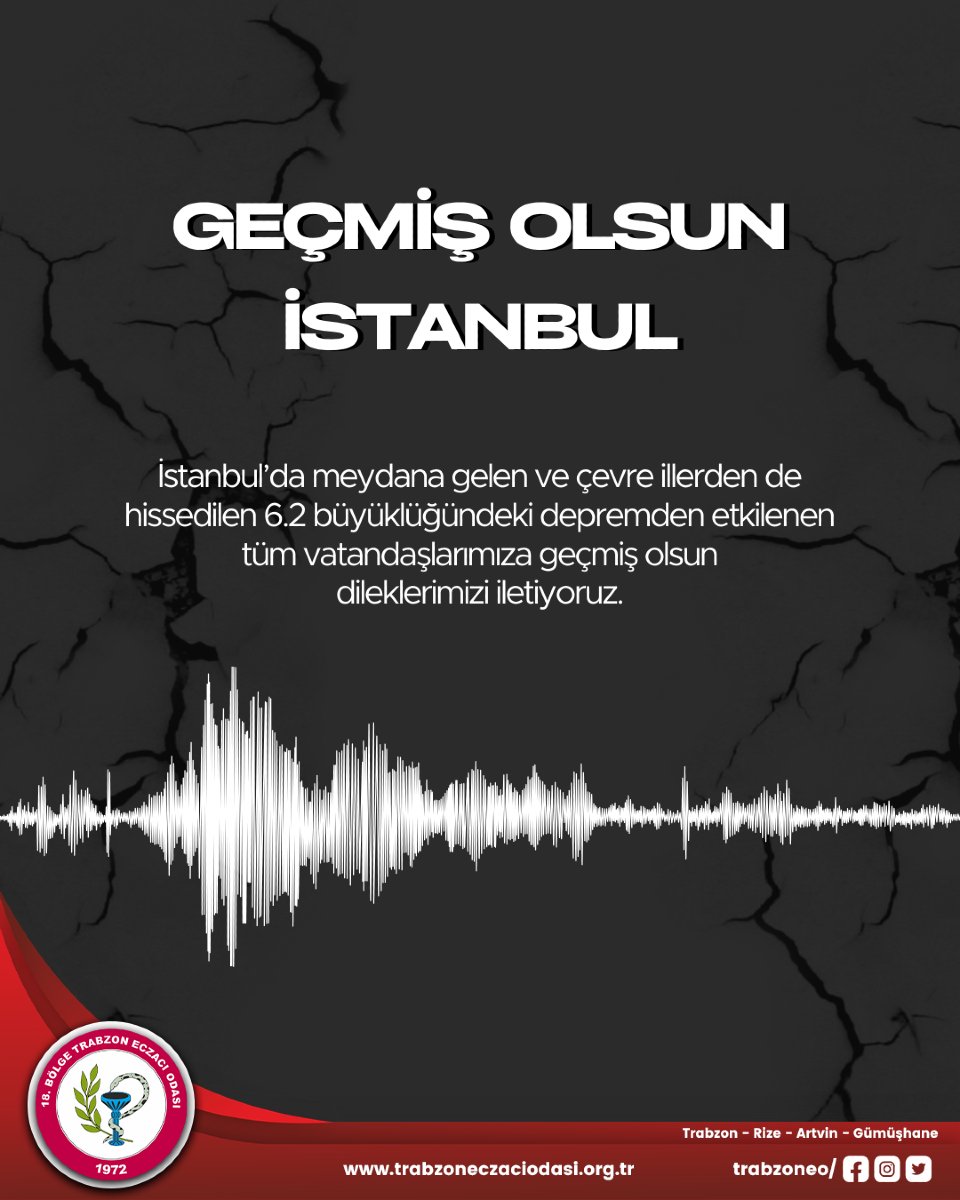 İstanbul’da meydana gelen ve çevre illerden de hissedilen 6.2 büyüklüğündeki depremden etkilenen
tüm vatandaşlarımıza geçmiş olsun dileklerimizi iletiyoruz.
.
.
.
#geçmişolsunistanbul
