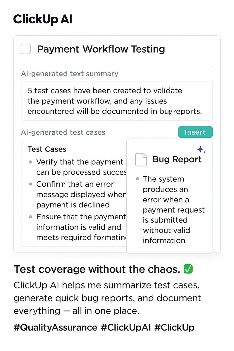 usuariooa1's tweet image. Writing test cases and documenting bugs used to take ages. ⏳
Now with ClickUp AI, I generate detailed task descriptions and bug reports in seconds.
Less typing, more testing.
It’s like having an assistant just for QA.
🧪 #QualityAssurance #ClickUpAI #ClickUp