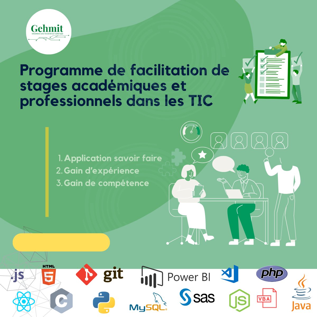 🎓 Étudiant·e TIC ?
🏢 Entreprise tech ?
Gehmit connecte jeunes talents et entreprises via son programme de stages 💼✨🚀 
📩 Formulaires ici :
Étudiants 👉 bit.ly/4iuatii
Entreprises 👉 bit.ly/4cO4gg7
#StageTIC #GEHMIT #Cameroun #TechForYouth