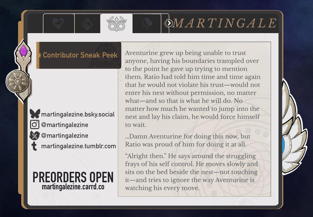 Preview for my nsfw fic “Pride Overcomes Desires” which will be featured in <a href="/MartingaleZine/">av+ratio 🔃 zine: in production!✨</a> ~ very excited! Everyone did amazing stuff!! Preorders are currently OPEN so definitely have a look at the store !!!

#aventio #ratiorine #hsrzine #ficpreview
