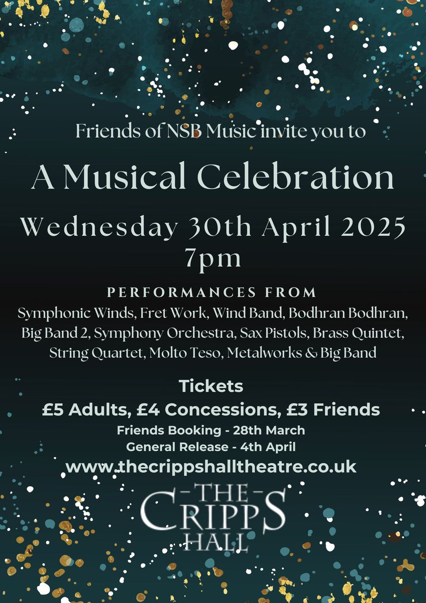 It is the last concert of the school year and the finale for our Year 11 and 13 students - so please come along and celebrate with us. Tickets are available online ticketsource.co.uk/cripps-hall/t-…
£5 for adults, £4 concessions