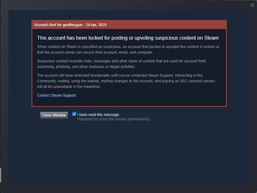 MisST_stx's tweet photo. Someone was impersonating me on steam, so i reported it to steam support. and valve with their infinite wisdom decided to ban me instead.

valve please fix. https://t.co/utXBpPLnhg