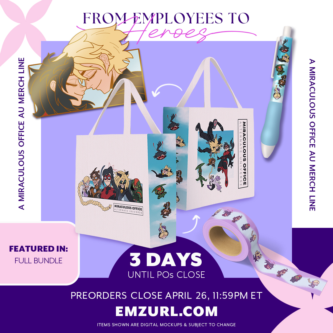 emzurl's tweet image. From Employees to Heroes 💼✨
A Miraculous Office AU Merch Collection

Only 3 days left until preorders close! We&apos;re also down to 9 Full Bundles until the memo standee is unlocked for FREE for all Full Bundle orders!👀

📆 Closes April 26 at 11:59pm EDT
🛒 emzurl.com