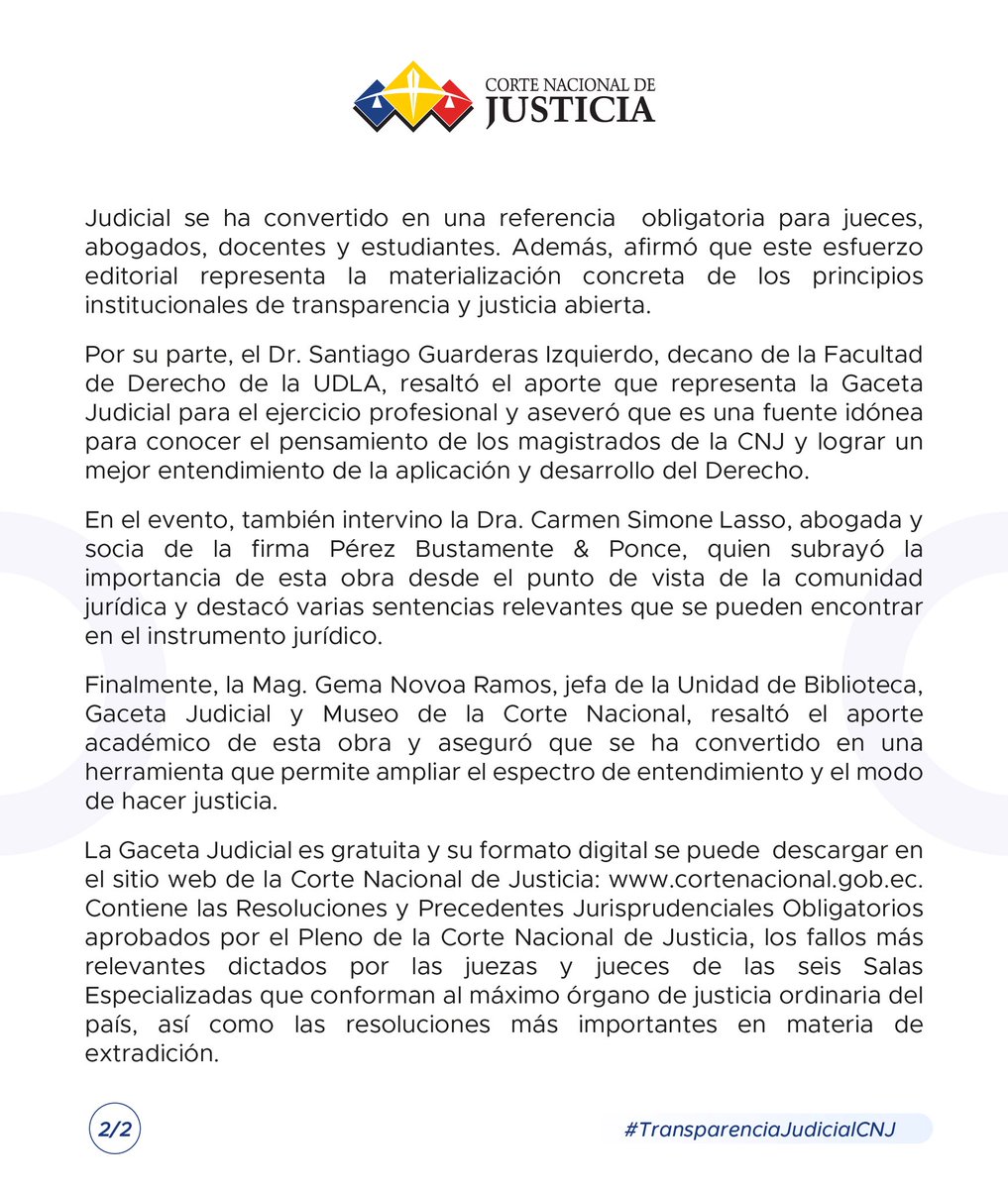 Corte Nacional de Justicia (@cortenacional) on Twitter photo 📚 #GacetaJudicialCNJ | La Gaceta Judicial de la <a href="/CorteNacional/">Corte Nacional de Justicia</a> de Justicia cumplió 130 años y lo conmemoramos con la presentación de la edición No. 8 de la serie XIX, de la publicación jurídica más importante del Ecuador. ⚖️🇪🇨
📄 Te contamos más aquí ⬇️ 📚 #GacetaJudicialCNJ | La Gaceta Judicial de la <a href="/CorteNacional/">Corte Nacional de Justicia</a> de Justicia cumplió 130 años y lo conmemoramos con la presentación de la edición No. 8 de la serie XIX, de la publicación jurídica más importante del Ecuador. ⚖️🇪🇨
📄 Te contamos más aquí ⬇️