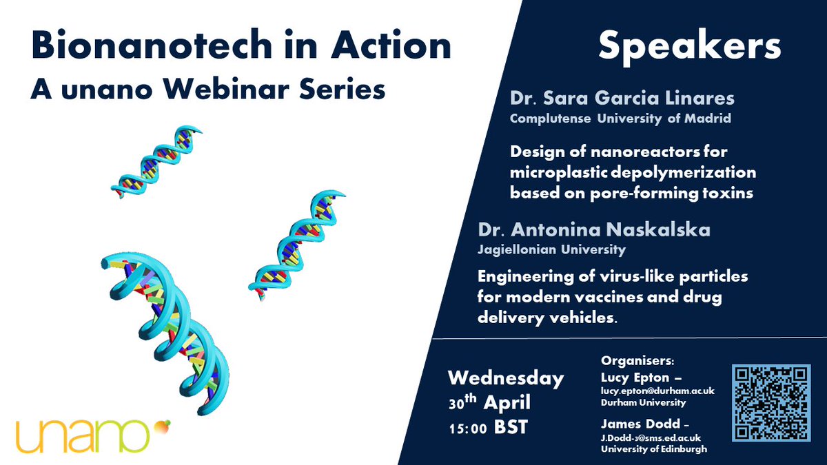 🧪 Bionanotech in Action webinar - April 30th, 2025 15:00 GMT 

Join us for the fourth instalment of our free-to-attend webinar series, exploring the fantastic work of early career researchers in biological nanotech. 

Just click on the link and learn! 
blogs.ed.ac.uk/unanowebinars/