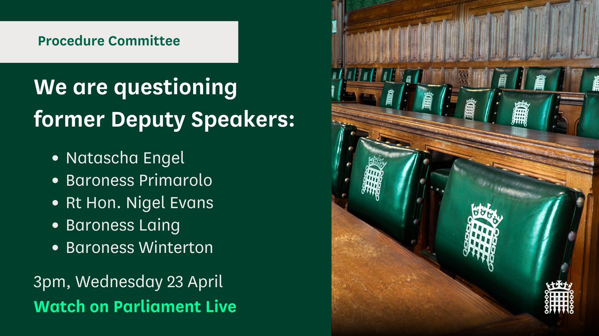 CommonsProcCom's tweet image. Today we are taking evidence from former Deputy Speakers for our inquiry into elections within the House of Commons.
📺 Watch live from 3pm for panel 1, and 3:30pm for panel 2: parliamentlive.tv/Event/Index/ee…