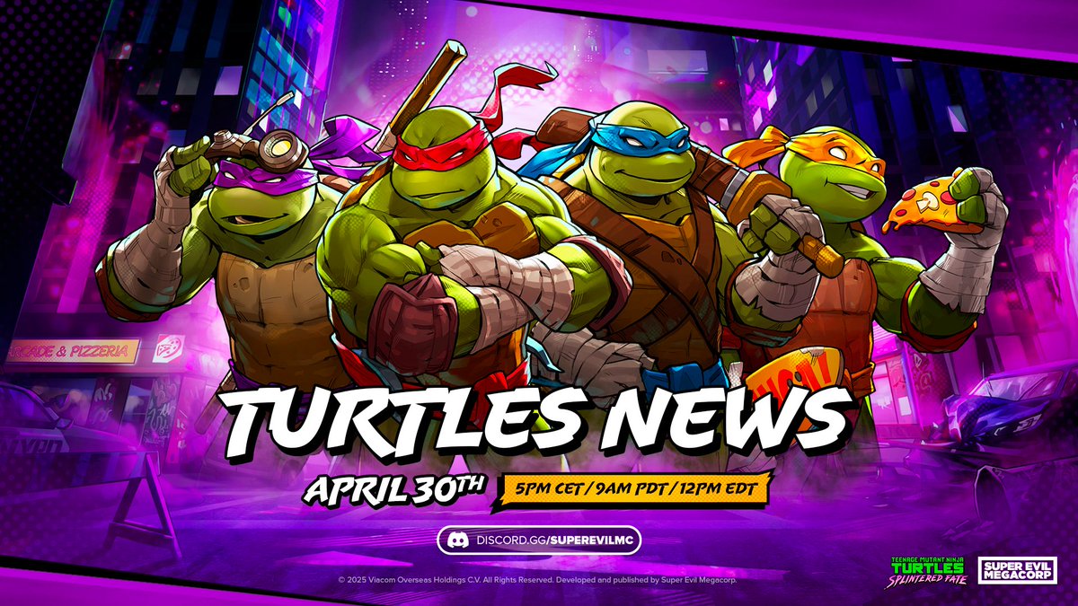 🗞️ Totally tubular news incoming for Teenage Mutant Ninja Turtles: Splintered Fate! 🎊 🐢 Half shell heroes can see what’s new FIRST on our Discord, COWABUNGA!

📅 April 30th
⏰ 5pm CET / 9am PDT / 12pm EDT
📍 discord.gg/superevilMC