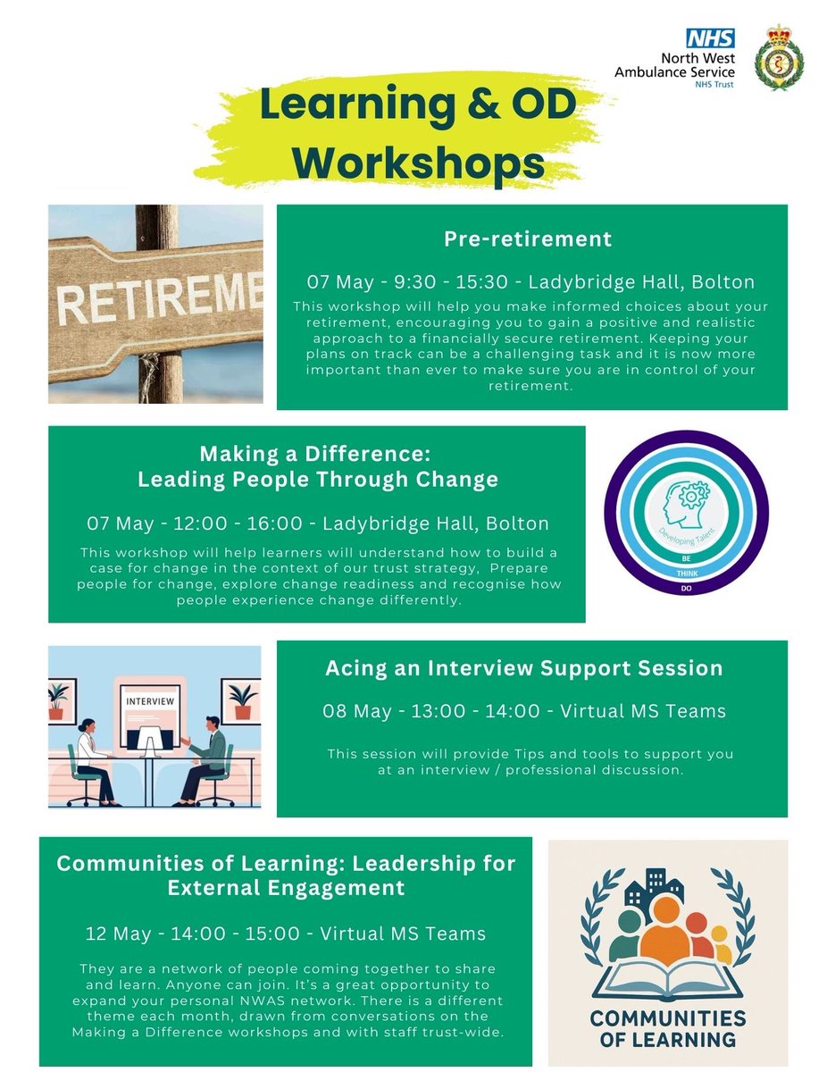 NWAS Learning & Organisational Development (@nwamb_learning) on Twitter photo NWAS staff please see below our upcoming workshops for May.
To find out more information on the workshops & how to book please go to the events section on the CPD & Learning hub: cpd.nwas.nhs.uk/events/
For any queries email Learning&OD@nwas.nhs.uk
<a href="/NWAmbulance/">North West Ambulance Service</a> NWAS staff please see below our upcoming workshops for May.
To find out more information on the workshops & how to book please go to the events section on the CPD & Learning hub: cpd.nwas.nhs.uk/events/
For any queries email Learning&OD@nwas.nhs.uk
<a href="/NWAmbulance/">North West Ambulance Service</a>