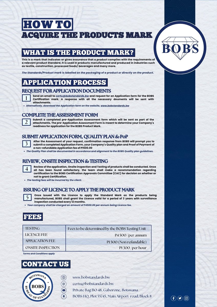 𝐒𝐭𝐞𝐩-𝐛𝐲-𝐒𝐭𝐞𝐩: 𝐇𝐨𝐰 𝐭𝐨 𝐆𝐞𝐭 𝐘𝐨𝐮𝐫 𝐏𝐫𝐨𝐝𝐮𝐜𝐭 𝐂𝐞𝐫𝐭𝐢𝐟𝐢𝐞𝐝!

The Botswana Bureau of Standards - BOBS' Standard mark supports a claim that a product conforms to the requirements of an appropriate standard.

#CertificationServices #ProductQuality