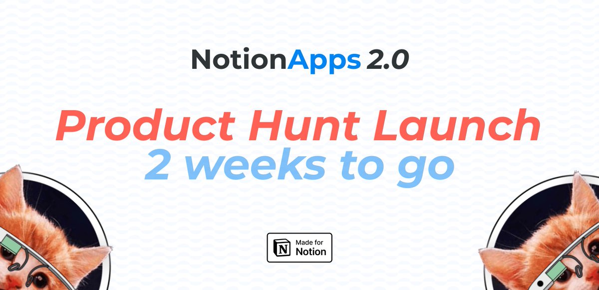 I have news! 📣🥳

We are launching NotionApps 2.0 on Product Hunt in the first week of May. And we need your support now more than ever.

Your upvotes and comments on the launch day will help us take the tool to more Notion users and further roll out more features. To stay