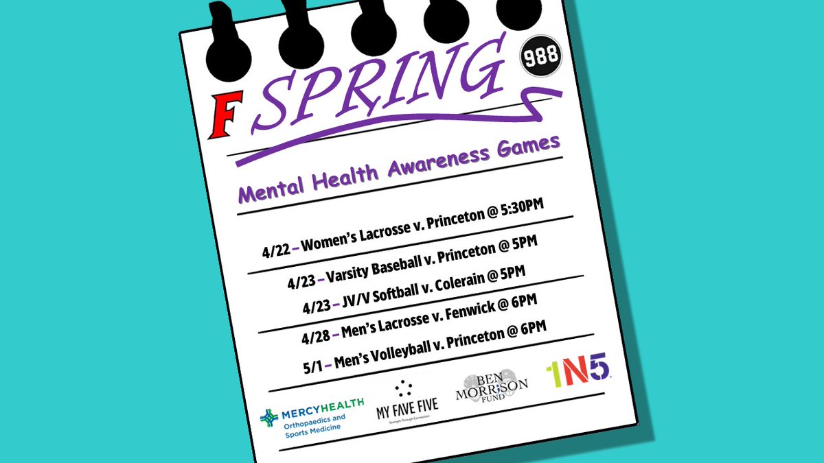 Great night ahead for Fairfield Athletics as we've got our #MentalHealthAwareness games on the diamond at home! Baseball takes on Princeton, while Softball will take on Colerain.

Good luck to our Girls Lacrosse and Track teams as they are competing tonight as well!

#OneTribe