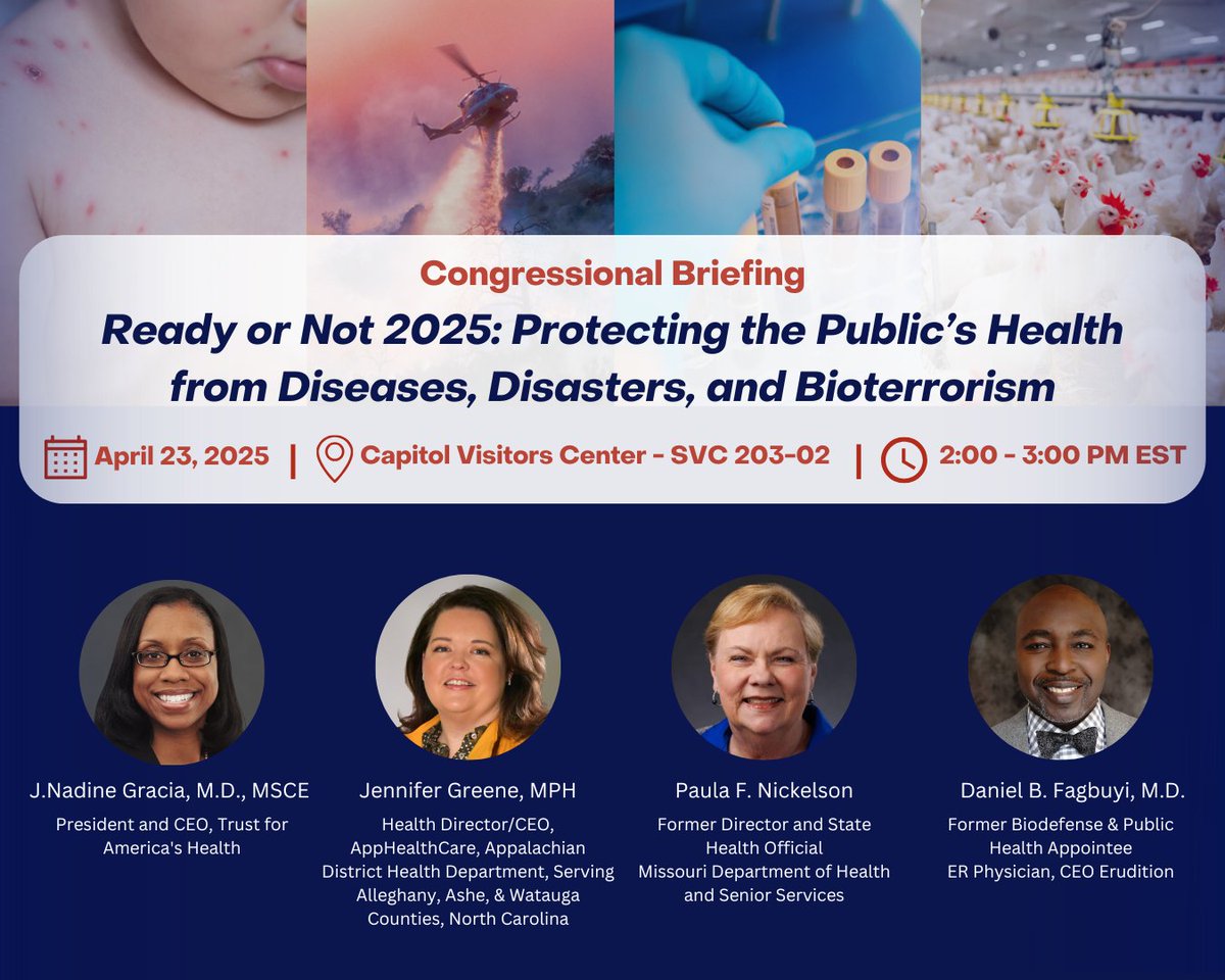Happening Today! At 2 PM ET, TFAH’s in-person Congressional briefing featuring <a href="/AppDistrictHD/">AppHealthCare</a>’s Jennifer Green, former Missouri DHSS Director Paula Nickelson, <a href="/docdanmd/">Dr. Dan</a>, CEO Erudition, &amp; TFAH President &amp; CEO J. Nadine Gracia.  bit.ly/2025ReadyorNot…