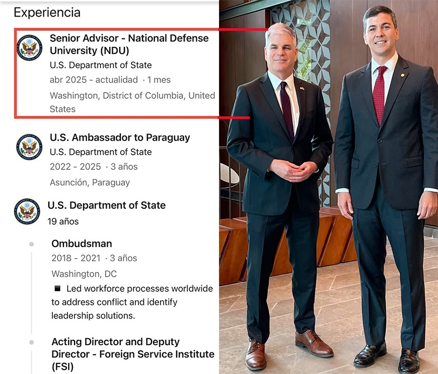 🔴OSTFIELD, CONSIDERADO ENEMIGO POR HC, COMISIONADO A CARGO ESTRATÉGICO EN EL MINISTERIO DE DEFENSA 

◾El exembajador de Estados Unidos en Paraguay, Marc Ostfield, declarado por el cartismo como enemigo, fue designado como asesor de la National Defense University (NDU) en