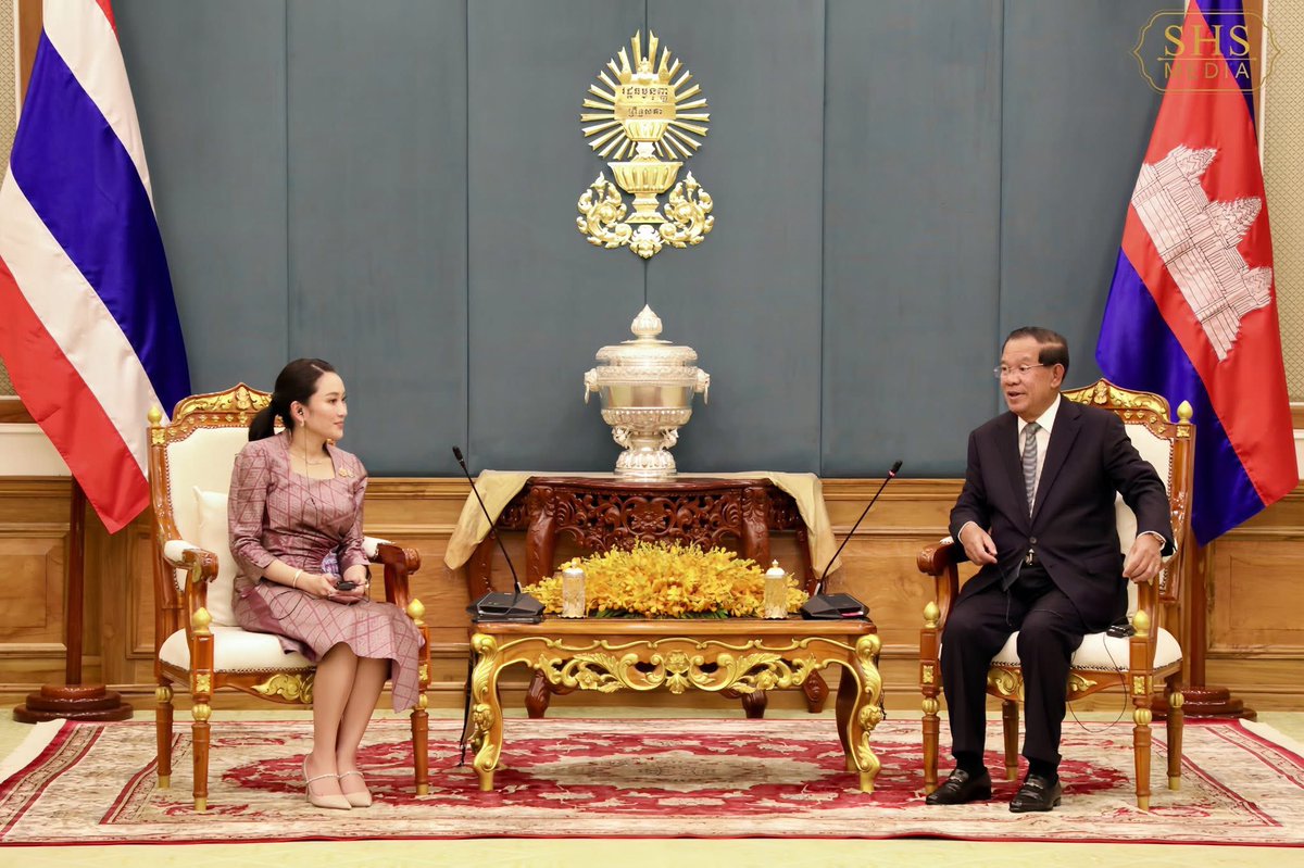 thyrithchea's tweet photo. On the afternoon of 23 April 2025, I accompanied Samdech Techo Hun Sen, President of the Senate  to receive a courtesy call by Her Excellency Paetongtarn Shinawatra, Prime Minister of the Kingdom of Thailand, who is paying an official visit to the Kingdom of Cambodia. https://t.co/0uznWLjC7V
