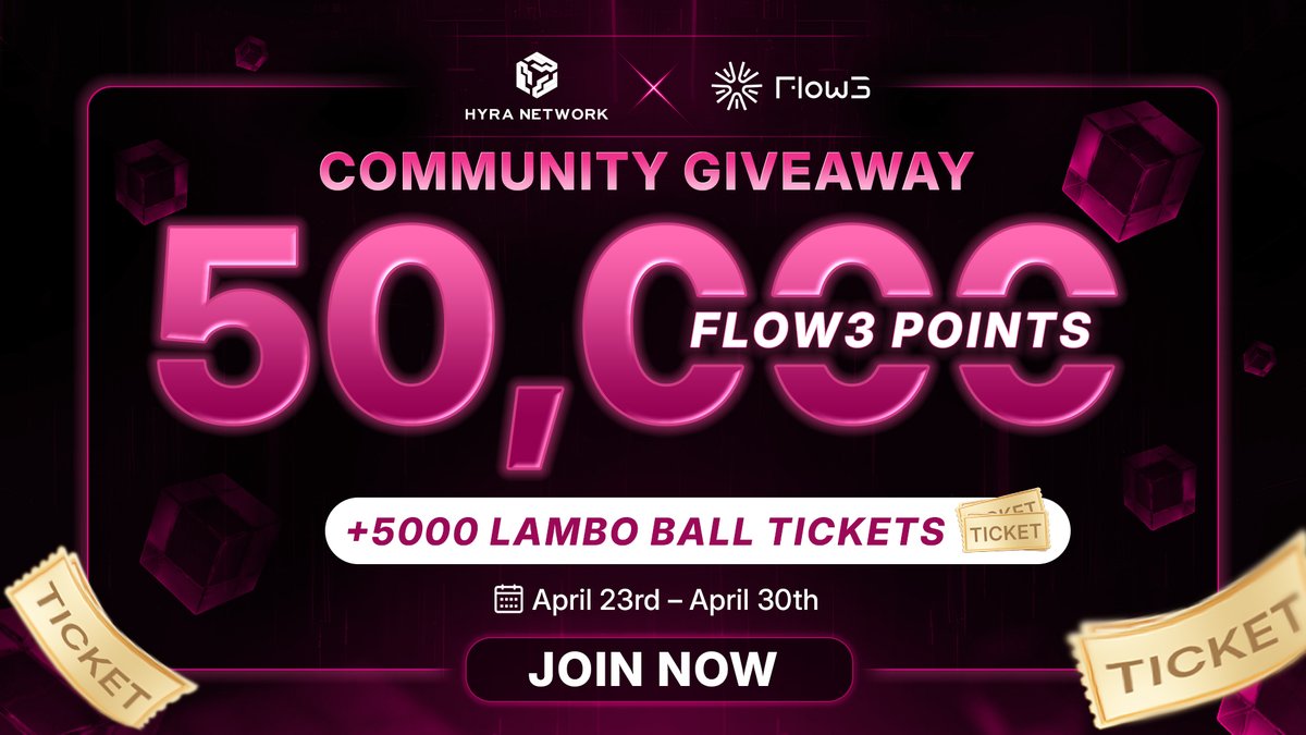 🔥 Another HOT TREAT of the week is HERE! 🔥

Hyra Network is teaming up with <a href="/flow3_tech/">Flow3 Network</a> to bring you a lucrative giveaway you don’t want to miss:

🎁 50,000 Flow3 Points/ 10 lucky winners
🎟️ 5,000 Lambo Ball Tickets/ 166 winners. FCFS

To-do tasks: 
Step 1: Follow <a href="/hyranetwork/">Hyra Network</a>
