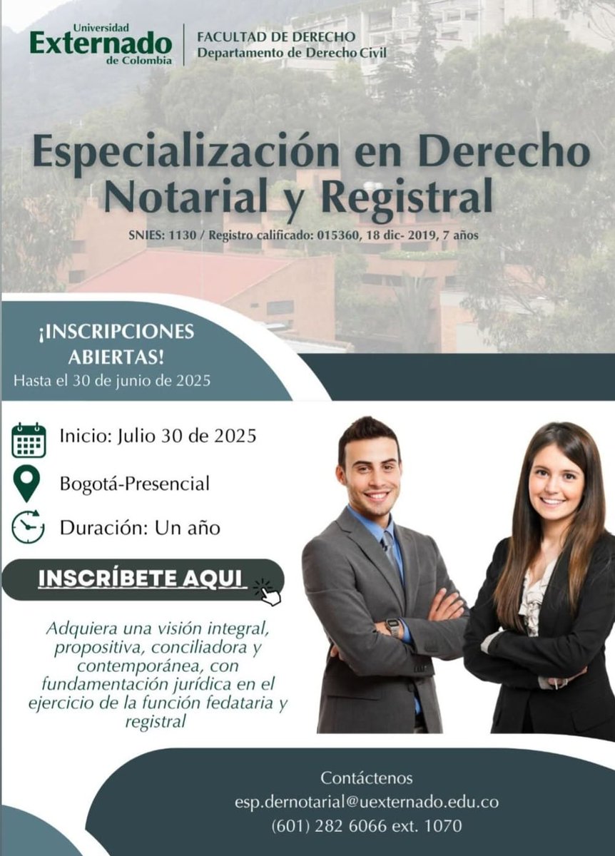 El Departamento de Derecho Civil de la Universidad Externado de Colombia, se complace en anunciar que se encuentran abiertas las inscripciones para la Especialización en Derecho Notarial y Registral.

uexternado.edu.co/admision-posgr…
