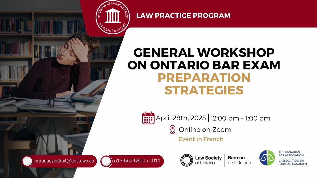 Nous sommes à quelques jours de notre premier atelier de préparation à l'examen du barreau.

We're just a few days away from our bar exam preparation workshop.

🔔Lien  d'inscription / Registration link : lnkd.in/eYVVubaA