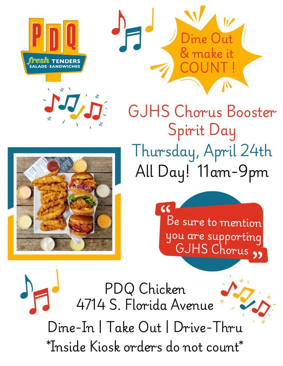 Need lunch or dinner plans for tomorrow? Then head on over to PDQ on South Florida Ave and support our GJHS Chorus Booster Club!