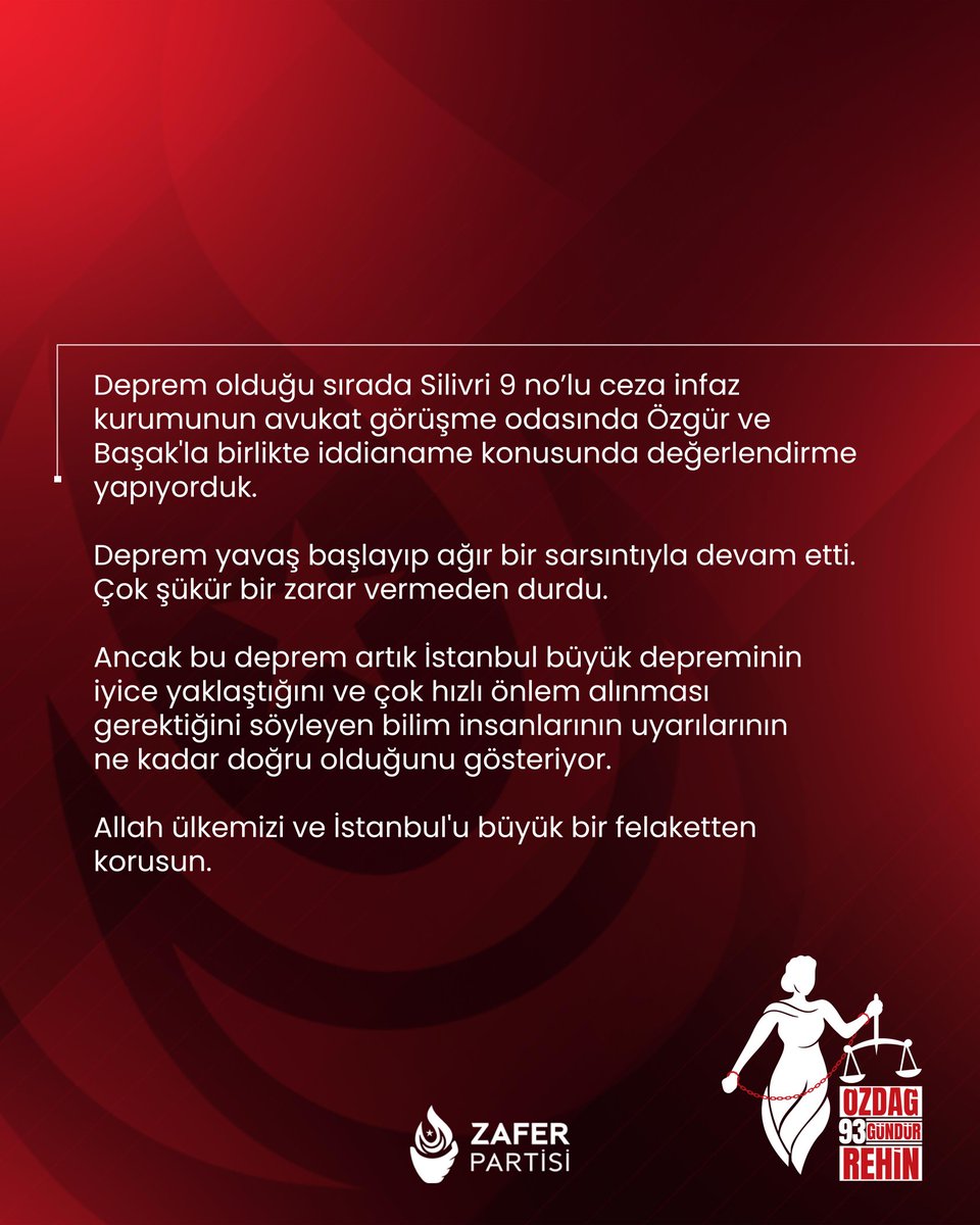 umitozdag's tweet photo. Deprem olduğu sırada Silivri 9 no’lu ceza infaz kurumunun avukat görüşme odasında Özgür ve Başak'la birlikte iddianame konusunda değerlendirme yapıyorduk. 

Deprem yavaş başlayıp ağır bir sarsıntıyla devam etti. Çok şükür bir zarar vermeden durdu. 

Ancak bu deprem artık İstanbul büyük depreminin iyice yaklaştığını ve çok hızlı önlem alınması gerektiğini söyleyen bilim insanlarının uyarılarının ne kadar doğru olduğunu gösteriyor.

Allah ülkemizi ve İstanbul'u büyük bir felaketten korusun.

@zaferpartisi @AliSehirlioglu