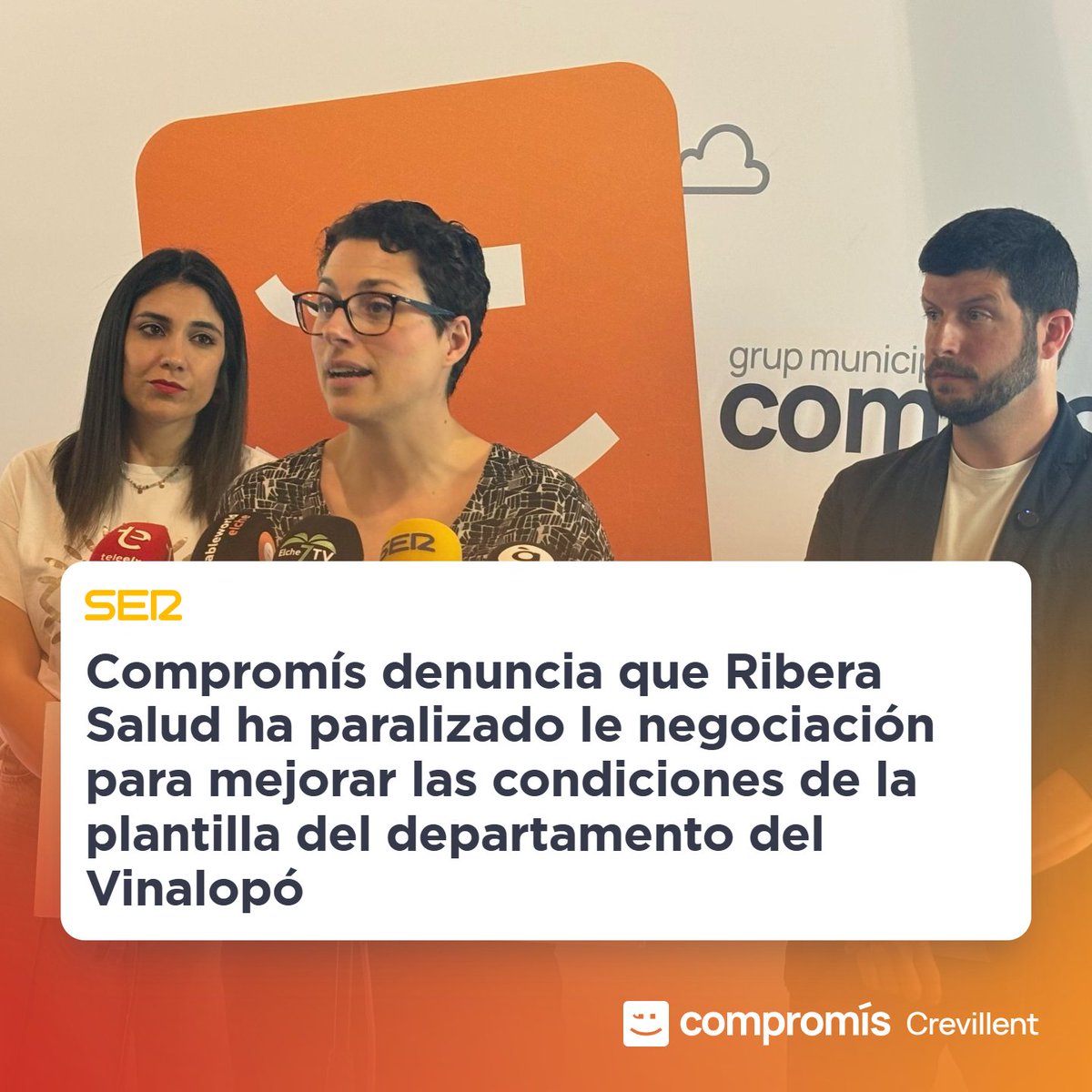 El PP ens condemna 5 anys més.
Ribera Salud continua guanyant diners a costa de la salut dels pacients i de pitjors condicions laborals per a les treballadores i treballadors de l'Hospital del Vinalopó i els centres sanitaris adjunts. 
cadenaser.com/comunitat-vale…