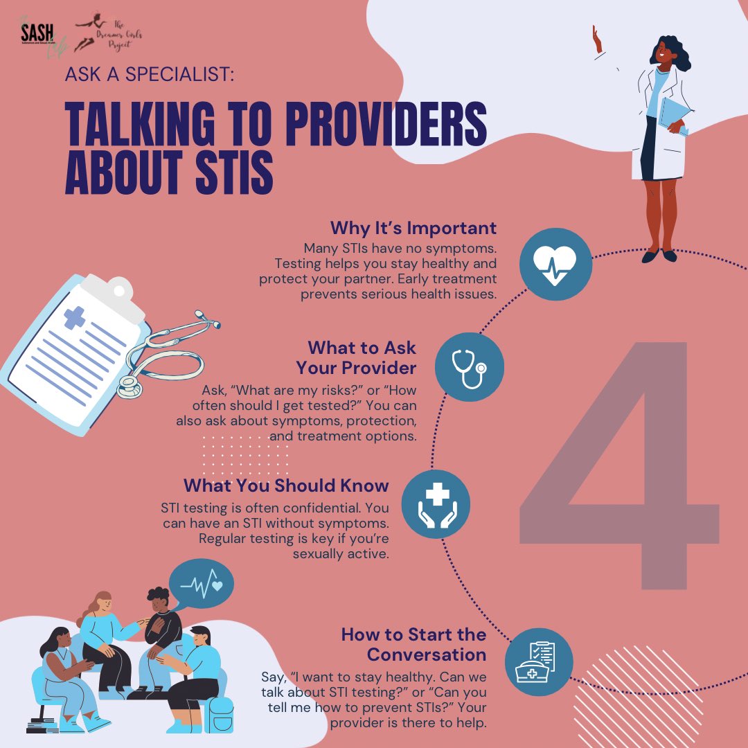April is also STI Awareness Month—a reminder that knowledge is power when it comes to your sexual health. Here are a few key things to keep in mind when talking to a provider about your STI status! 
#STIAwarenessMonth
#SexualHealth #thedreamergirlsproject #thesashlab