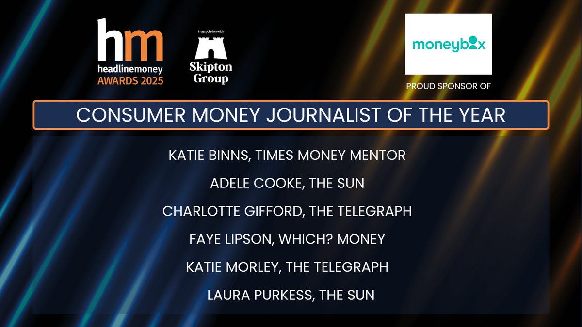 Here’s the shortlist for Consumer Money Journalist of the Year #HMAwards25, sponsored by <a href="/moneyboxteam/">moneybox</a>! 
 
 Well done to <a href="/AdeleMCooke/">Adele Cooke</a>, <a href="/charlotte_giff/">Charlotte Gifford</a>, <a href="/faye_lipson/">Faye Lipson</a>, <a href="/kt_binns/">Katie Binns</a>, <a href="/KatieMorley_/">Katie Morley</a> &amp; <a href="/laurapurkess/">Laura Purkess</a> 👏 
 
 tinyurl.com/3wkkrzkp