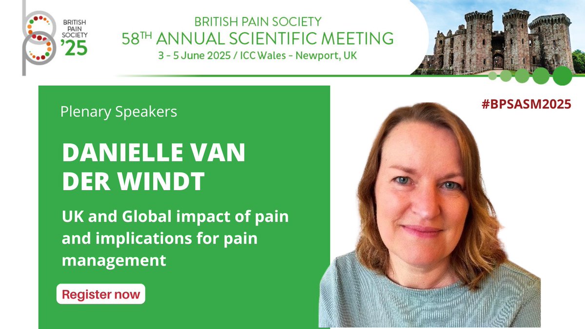 We’re excited to welcome Danielle van der Windt to #BPSASM2025!

🗣️ UK and Global Impact of Pain and Implications for Pain Management

Be part of the conversation—don’t miss this powerful session. 🔗  bit.ly/4jJaEay